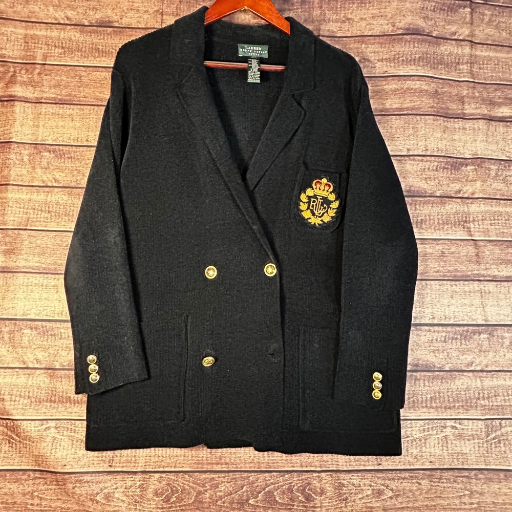 VTG Lauren Ralph Lauren Petite Black Knit Crest Blazer Cardigan Gold Buttons S